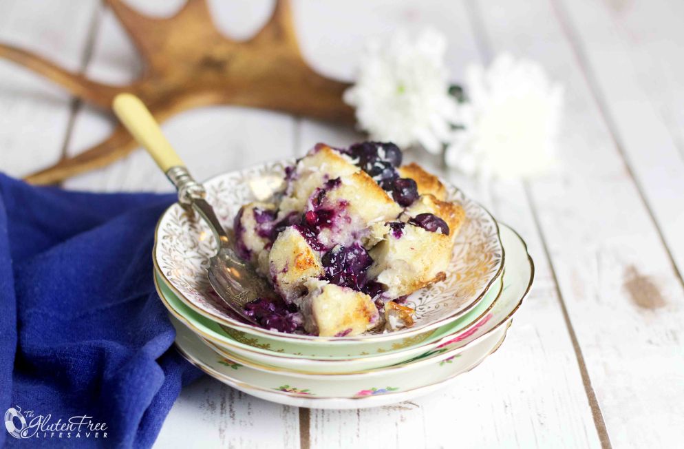 Best ever gluten-free blueberry bread pudding with coconut and vanilla #glutenfree #celiac #coeliac  #dessert