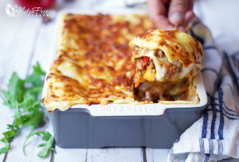 The Ultimate Gluten-Free Tomato-Free Lasagna Recipe! (includes dairy-free option) This lasagna is cheesy, rich and indulgent. Full of flavour from the first bite to next day's leftovers. Yum! #pasta #glutenfree #celiac #coeliac #glutenfree #tomatofree #nomato #recipe #dairyfree